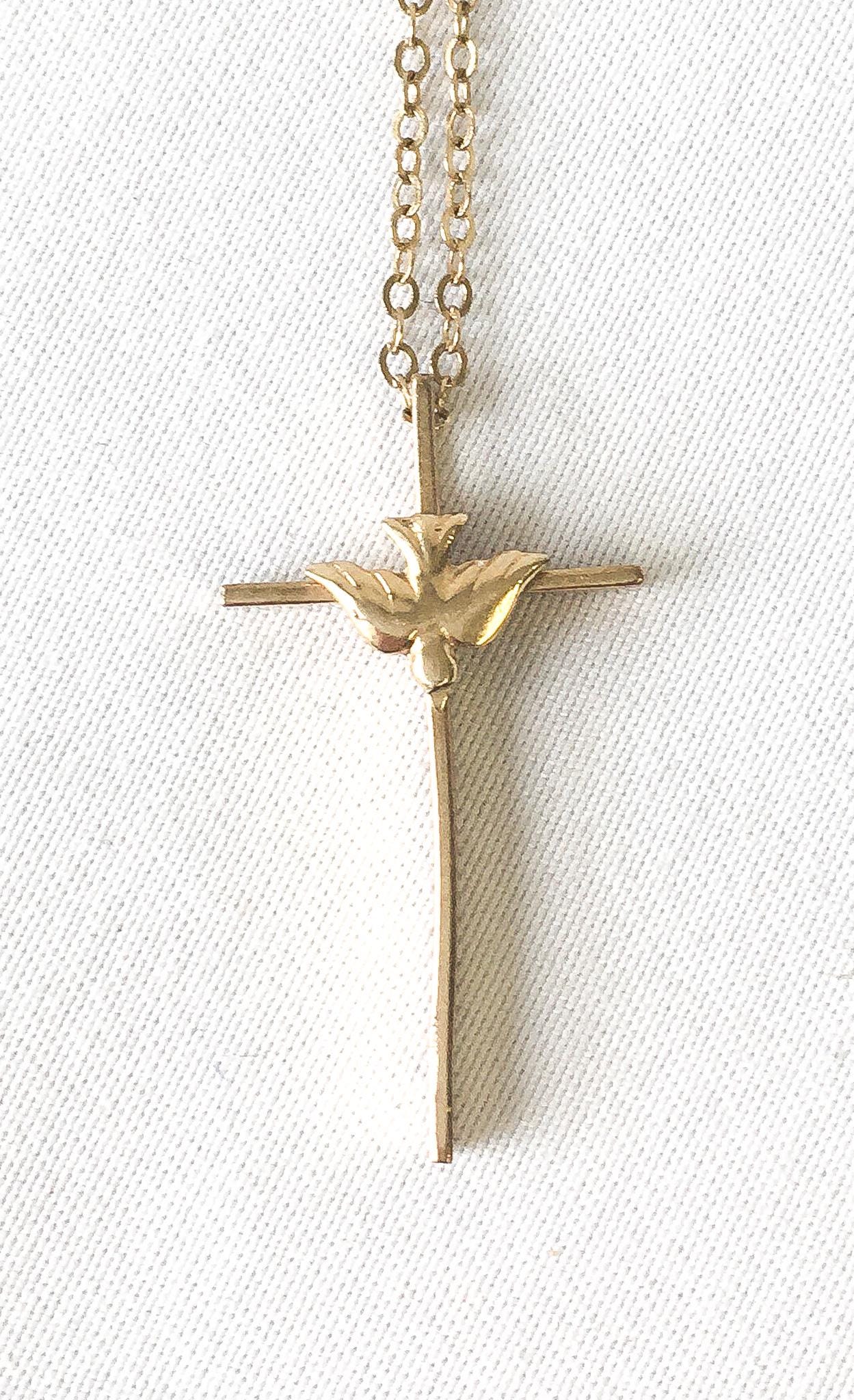14K Gold Filled Cross with Dove Pendant on 17" 1/20th 14K Gold Filled Chain, Simple Dainty Everyday Cross Necklace