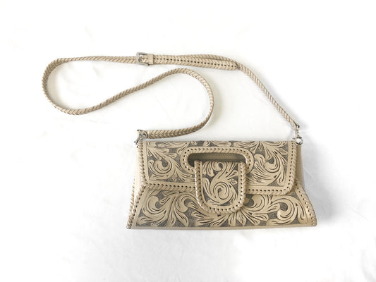 Beige/Cream Origenes by David Luna Floral Tooled Leather Crossbody Bag, Vintage Western Boho Handbag