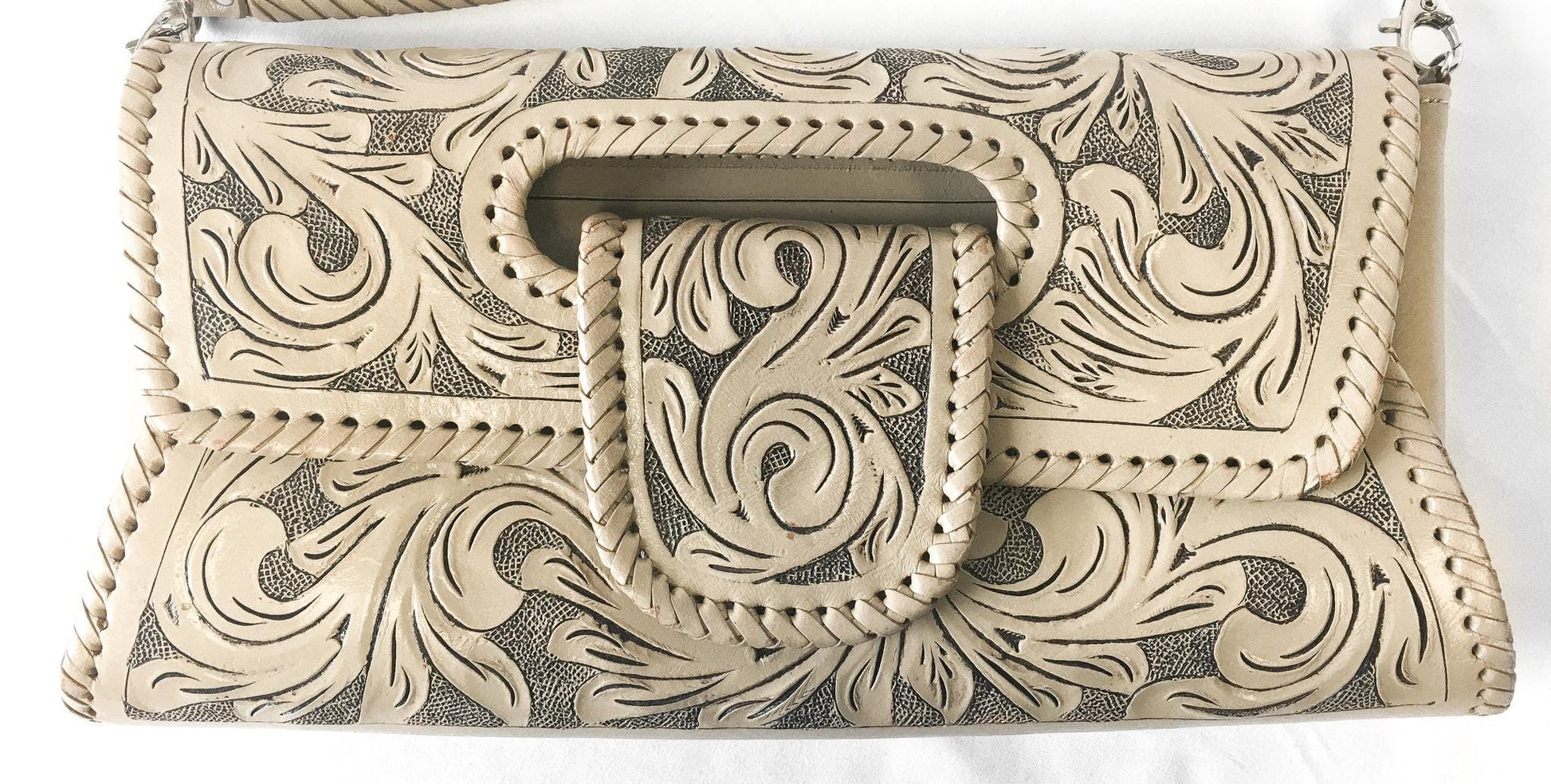 Beige/Cream Origenes by David Luna Floral Tooled Leather Crossbody Bag, Vintage Western Boho Handbag