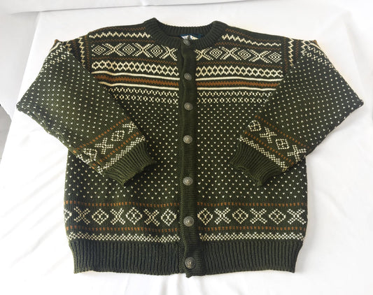 Vintage Dale of Norway Olive Green/White/Gold Fair Isle Wool Button Cardigan Sweater, Approx. Sz. Men's L, Vintage Nordic Sweater