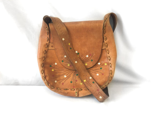 70s Handcrafted Tooled Leather Flap Crossbody Shoulder Bag with Hand Painted Floral Details, Vintage Western Boho Handbag