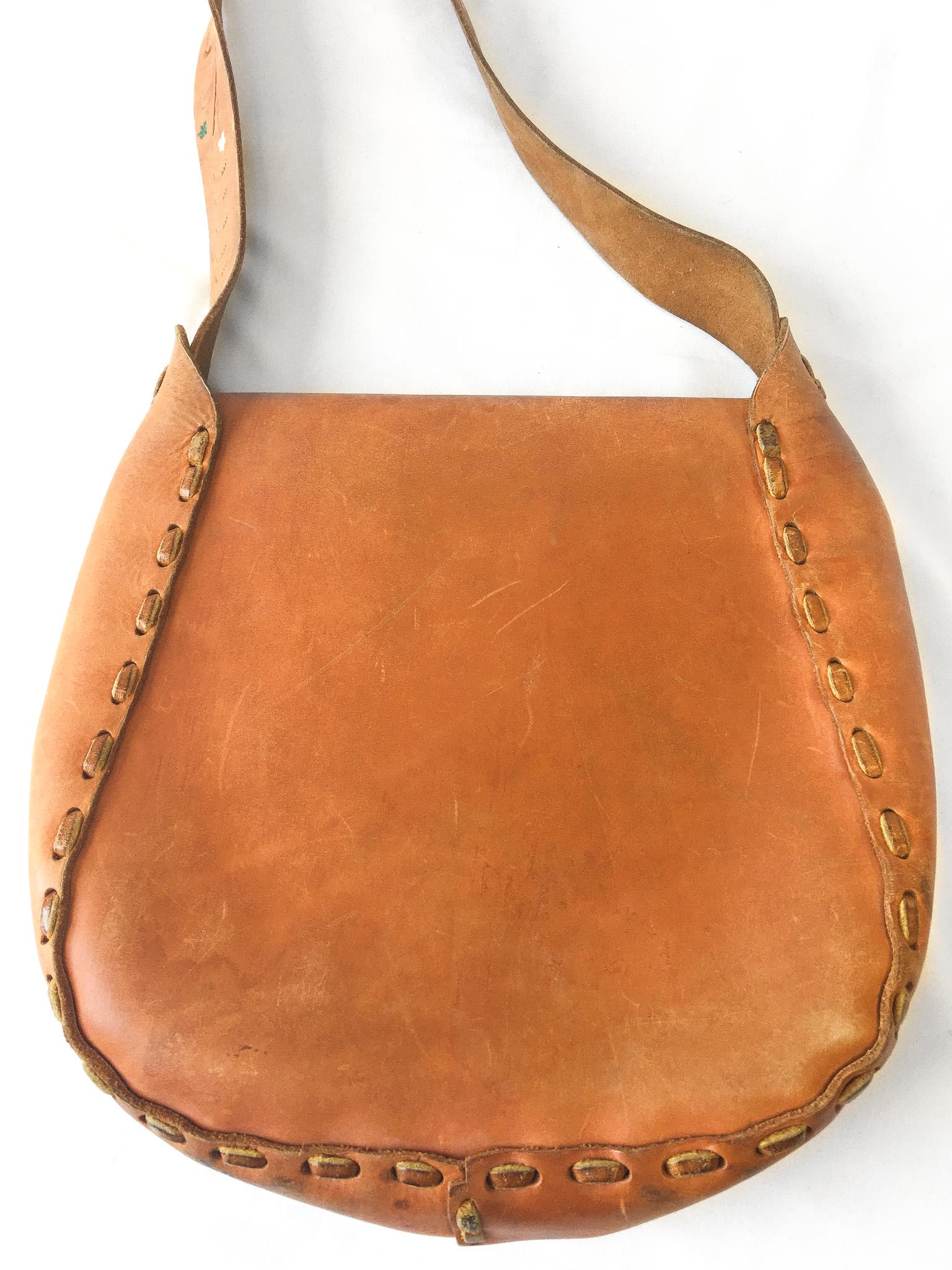 70s Handcrafted Tooled Leather Flap Crossbody Shoulder Bag with Hand Painted Floral Details, Vintage Western Boho Handbag