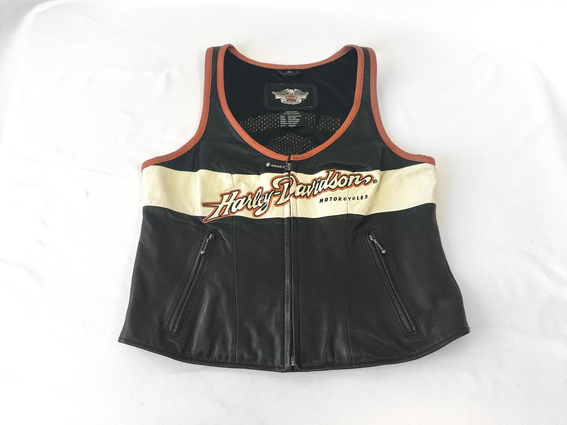 Vintage Inspired Harley Davidson Black/Orange/Cream Leather Vest, Women's Sz. M, Vintage Biker Motorcycle Vest
