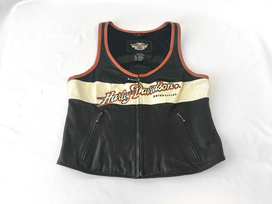 Vintage Inspired Harley Davidson Black/Orange/Cream Leather Vest, Women's Sz. M, Vintage Biker Motorcycle Vest