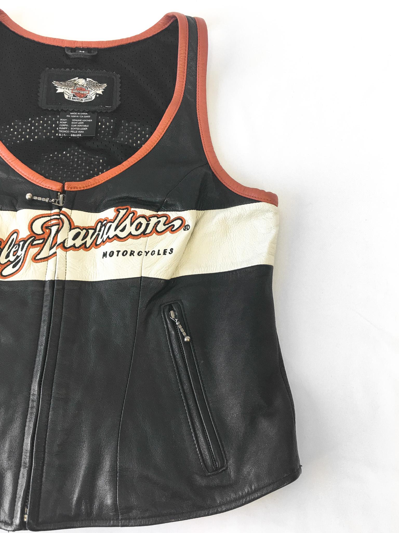 Vintage Inspired Harley Davidson Black/Orange/Cream Leather Vest, Women's Sz. M, Vintage Biker Motorcycle Vest