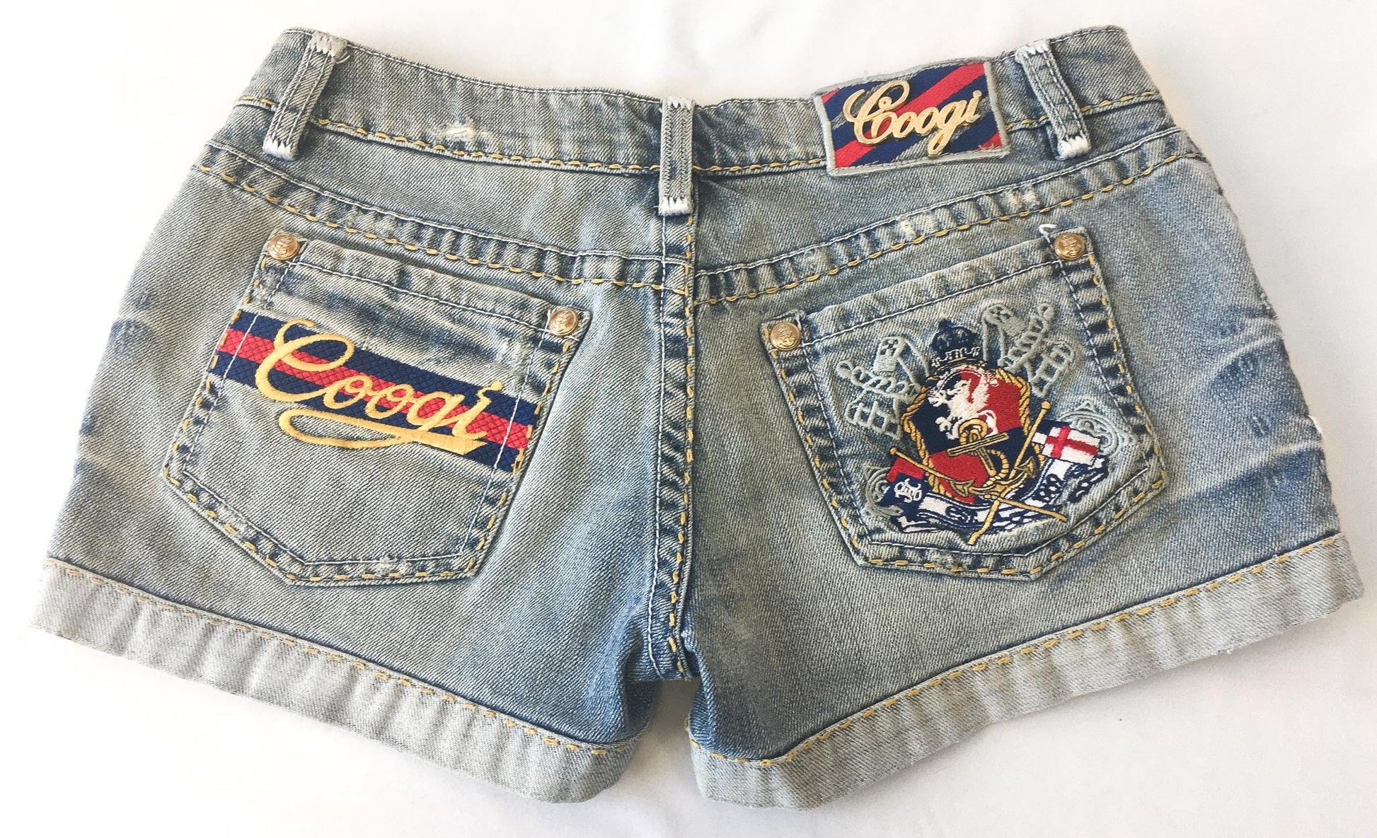 Vintage COOGI Light Wash Royal Symbol Blue/Red/Gold Low Rise Micro Denim Shorts, 29" Waist, Y2K Denim Shorts