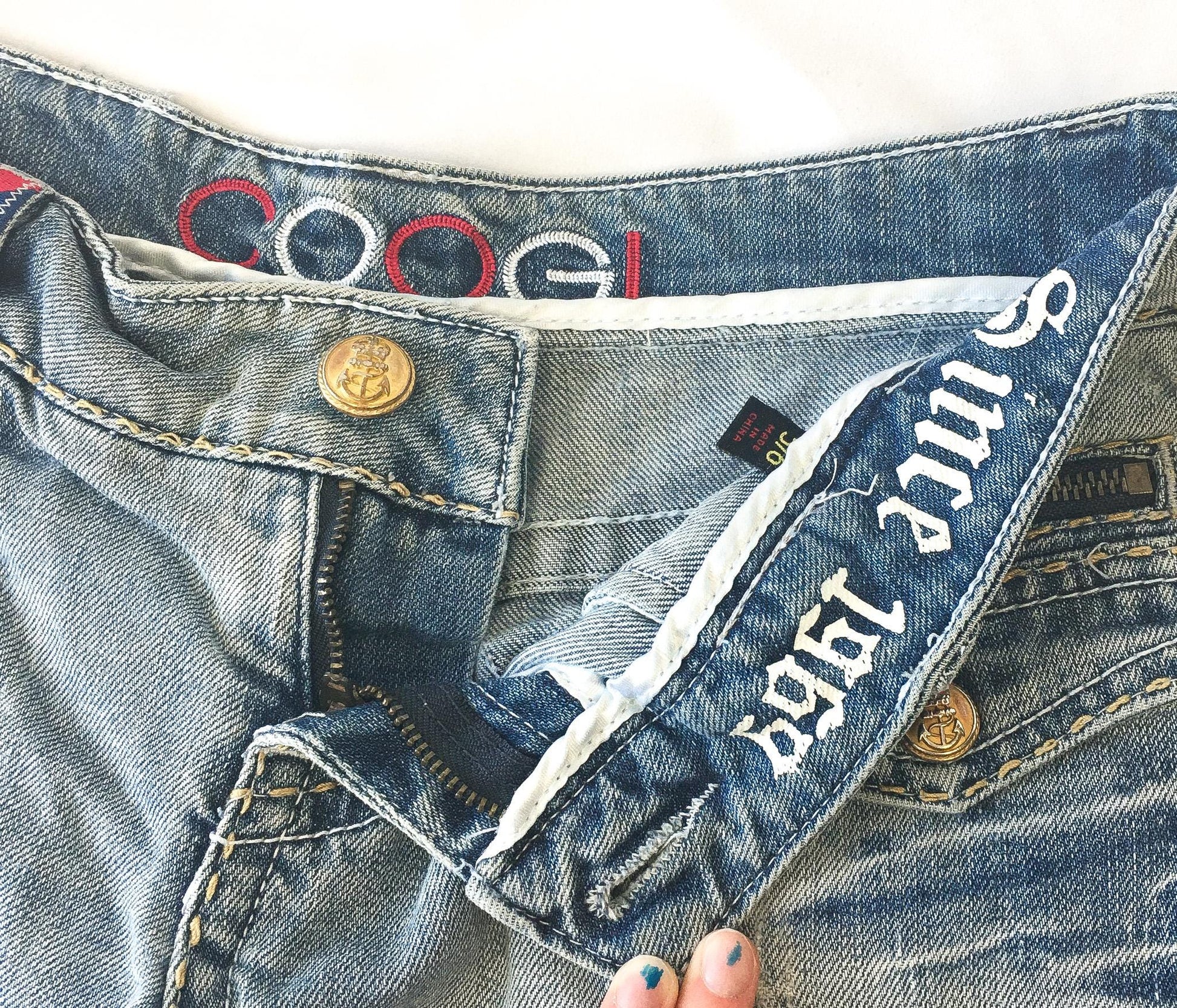 Vintage COOGI Light Wash Royal Symbol Blue/Red/Gold Low Rise Micro Denim Shorts, 29" Waist, Y2K Denim Shorts