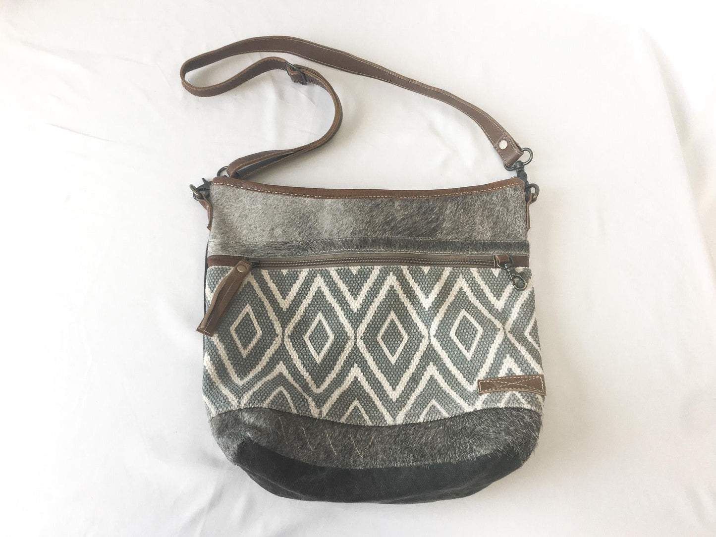 Vintage Inspired Myra Bag Oath Gray Faux Fur Geometric Woven Crossbody Bag, Vintage Western Boho Handbag