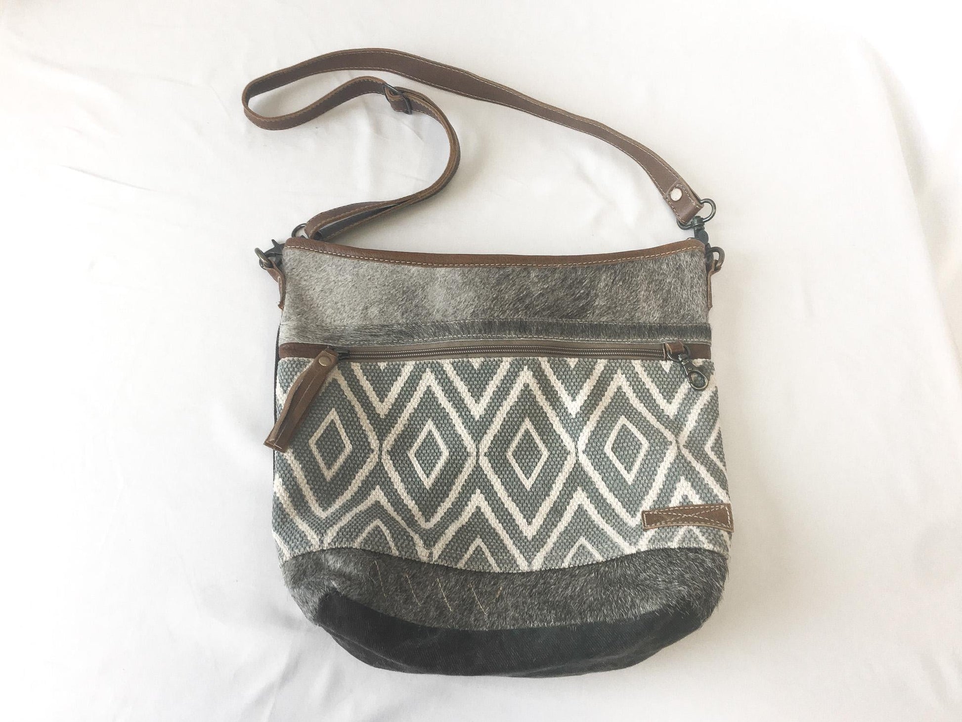 Vintage Inspired Myra Bag Oath Gray Faux Fur Geometric Woven Crossbody Bag, Vintage Western Boho Handbag