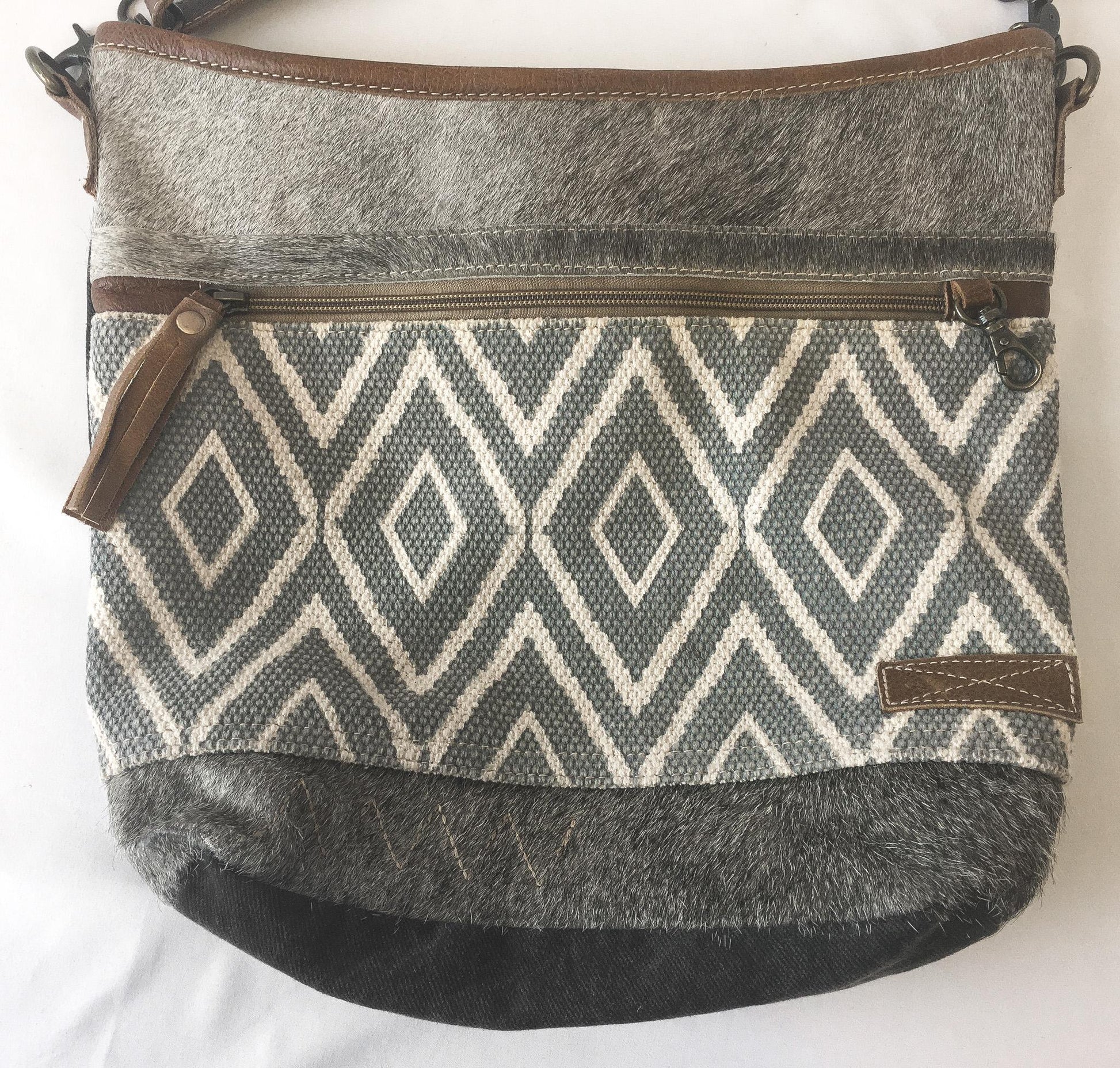 Vintage Inspired Myra Bag Oath Gray Faux Fur Geometric Woven Crossbody Bag, Vintage Western Boho Handbag