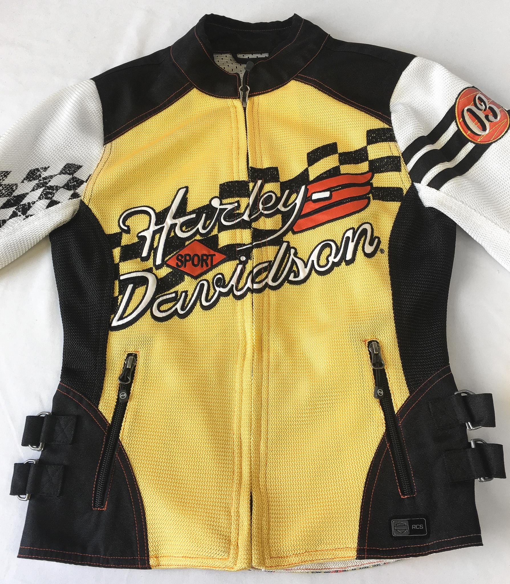 00s Harley Davidson RCS Yellow/Black/White Zip Up Long-Sleeved Racing Jacket, Women's Sz. XS, Vintage Harley Motorcycle Biker Jacket