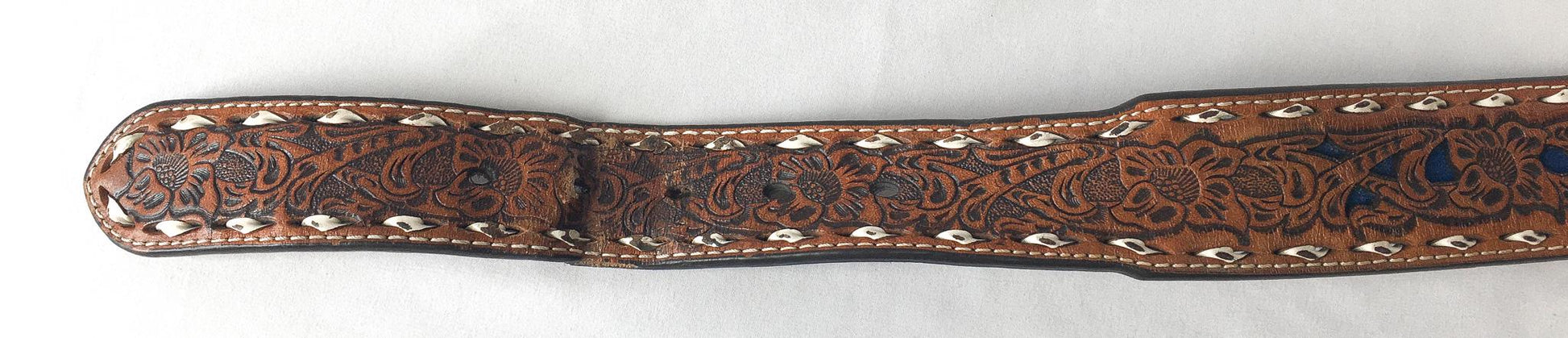 Tooled Nocona Blue Inlay Floral Engraved Leather Belt, Sz. 30" - 34" Waist, Vintage Western Boho Belt