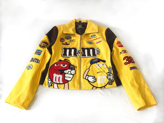 Vintage M&M's Nascar Yellow Brown #38 Elliott Sadler Embroidered Racing Jacket, Sz. M, Vintage Nascar F1 Streetwear Jacket