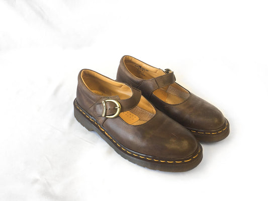 Vintage 90s Dr Martens Brown Leather Mary Jane Loafers, UK Women's Sz. 7, US Women's Sz. 9.5