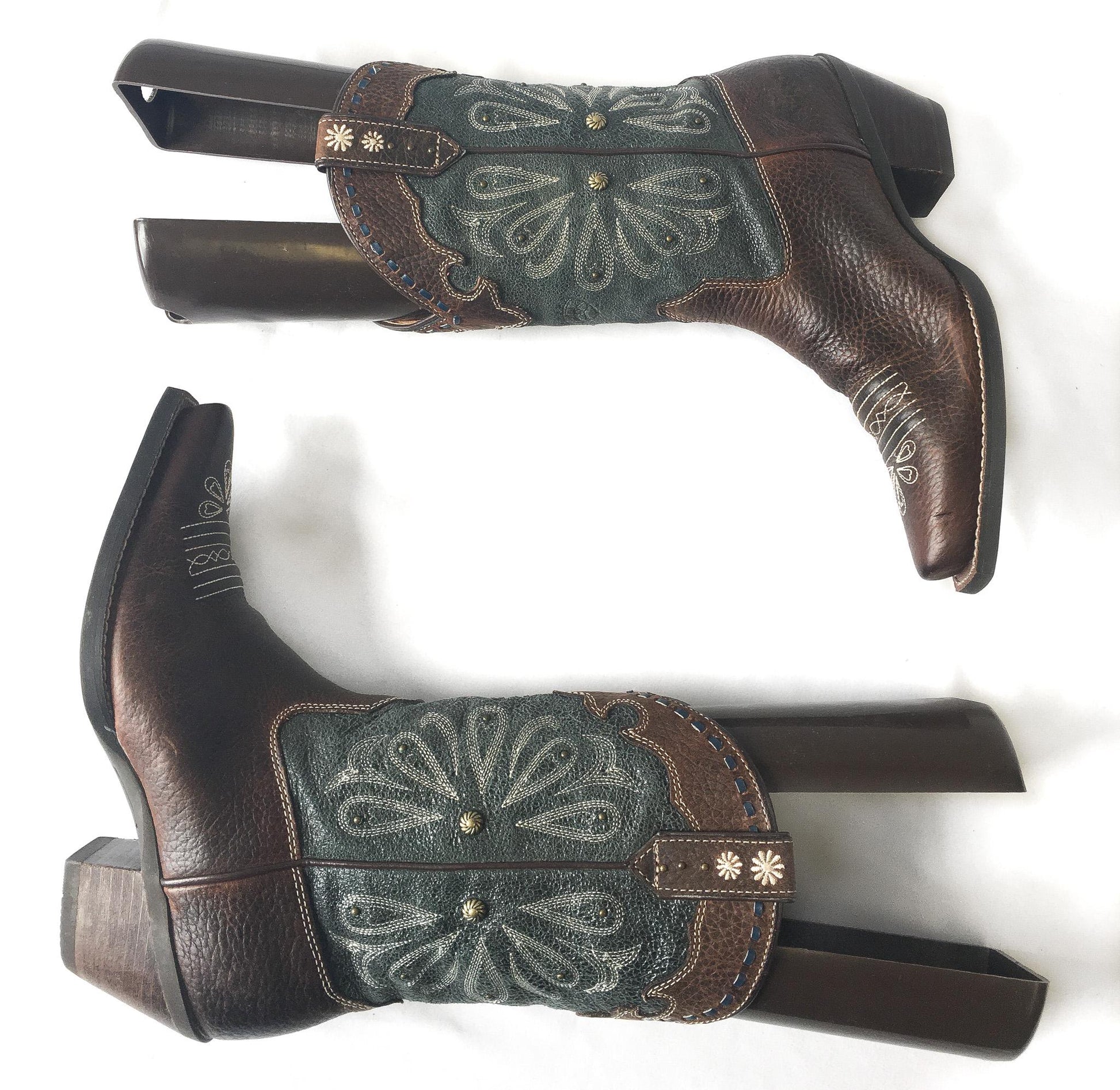 Vintage Inspired Ariat Daisy Dark Teal/Brown Studded Embroidered Cowboy Boots, Women's Sz. 6B, Vintage Unique Western Boots