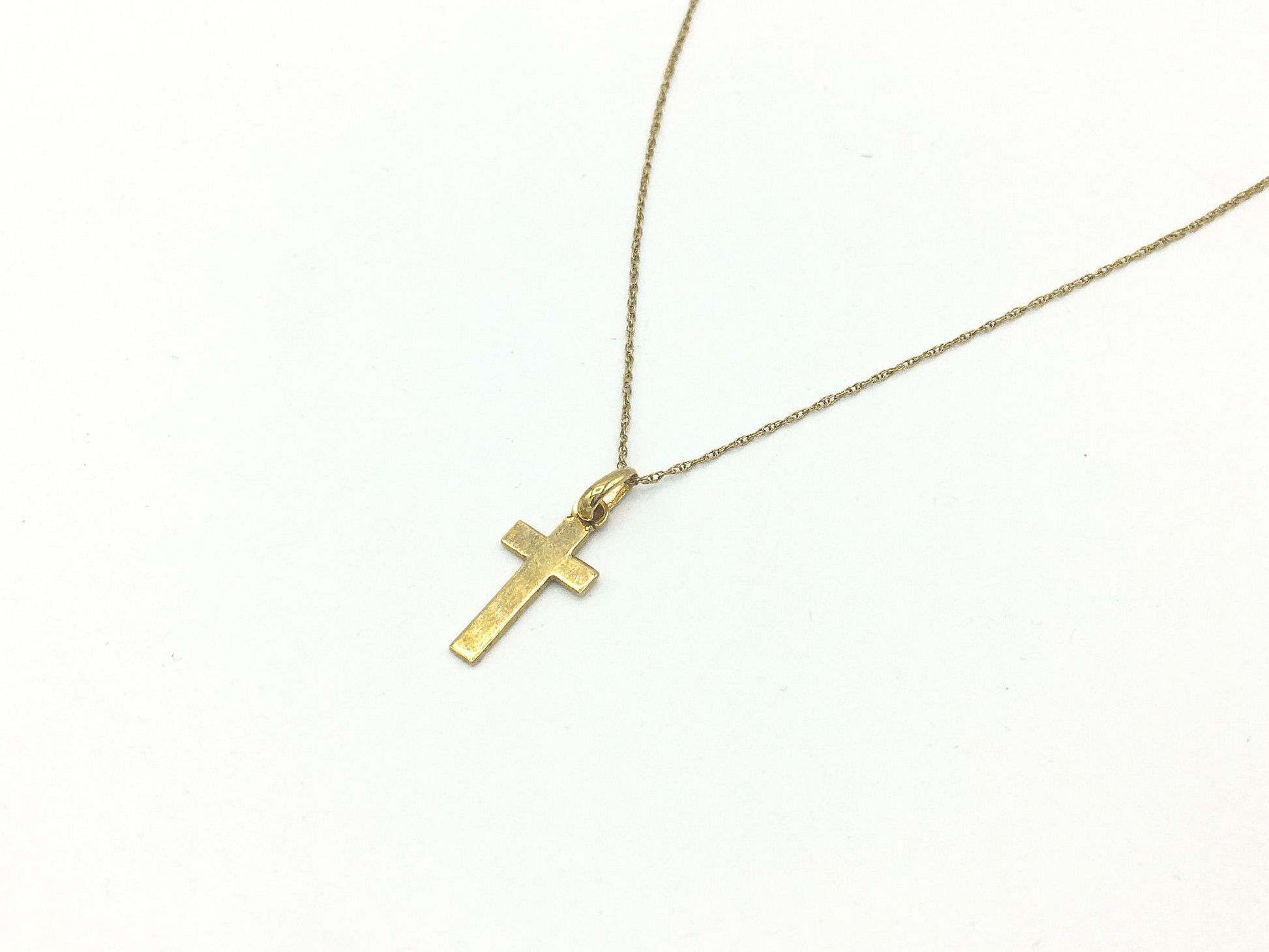 14K JCM Yellow Gold Cross Necklace, 19", 1.2 grams, .75" Pendant, .5mm Chain, Simple Everyday Dainty Layering Cross Necklace