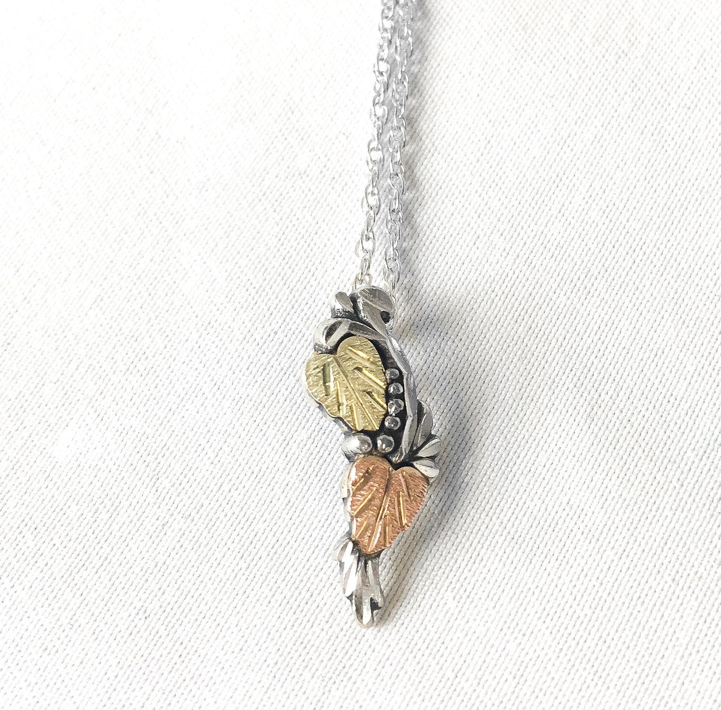 Vintage Black Hills Gold 12K & Sterling Two Leaf Pendant 18" Necklace, Vintage Black Hills Gold Jewelry