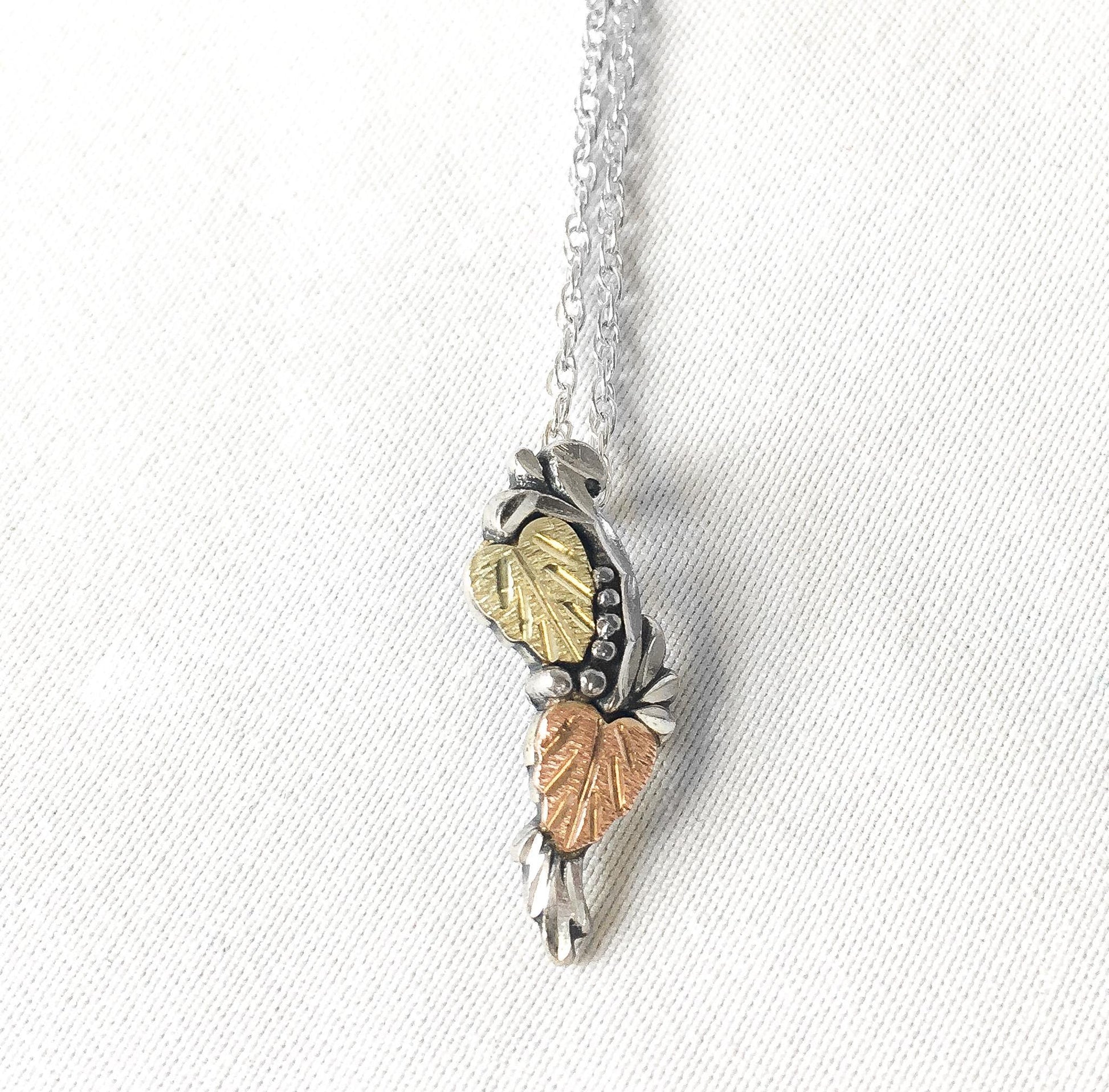 Vintage Black Hills Gold 12K & Sterling Two Leaf Pendant 18" Necklace, Vintage Black Hills Gold Jewelry