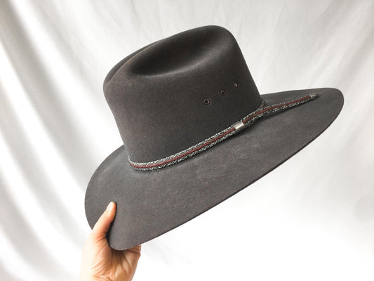 Vintage Beaver Hats Company 5X Gray Flatbrim Cowboy Hat with Woven Snake Band Detail, Sz. 7 1/8, Vintage Western Festival Hat
