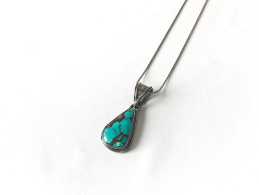 Vintage Saville 925 Turquoise Teardrop Pendant with 925 Italy Round Snake Chain, 21", Vintage Boho Navajo Statement Necklace