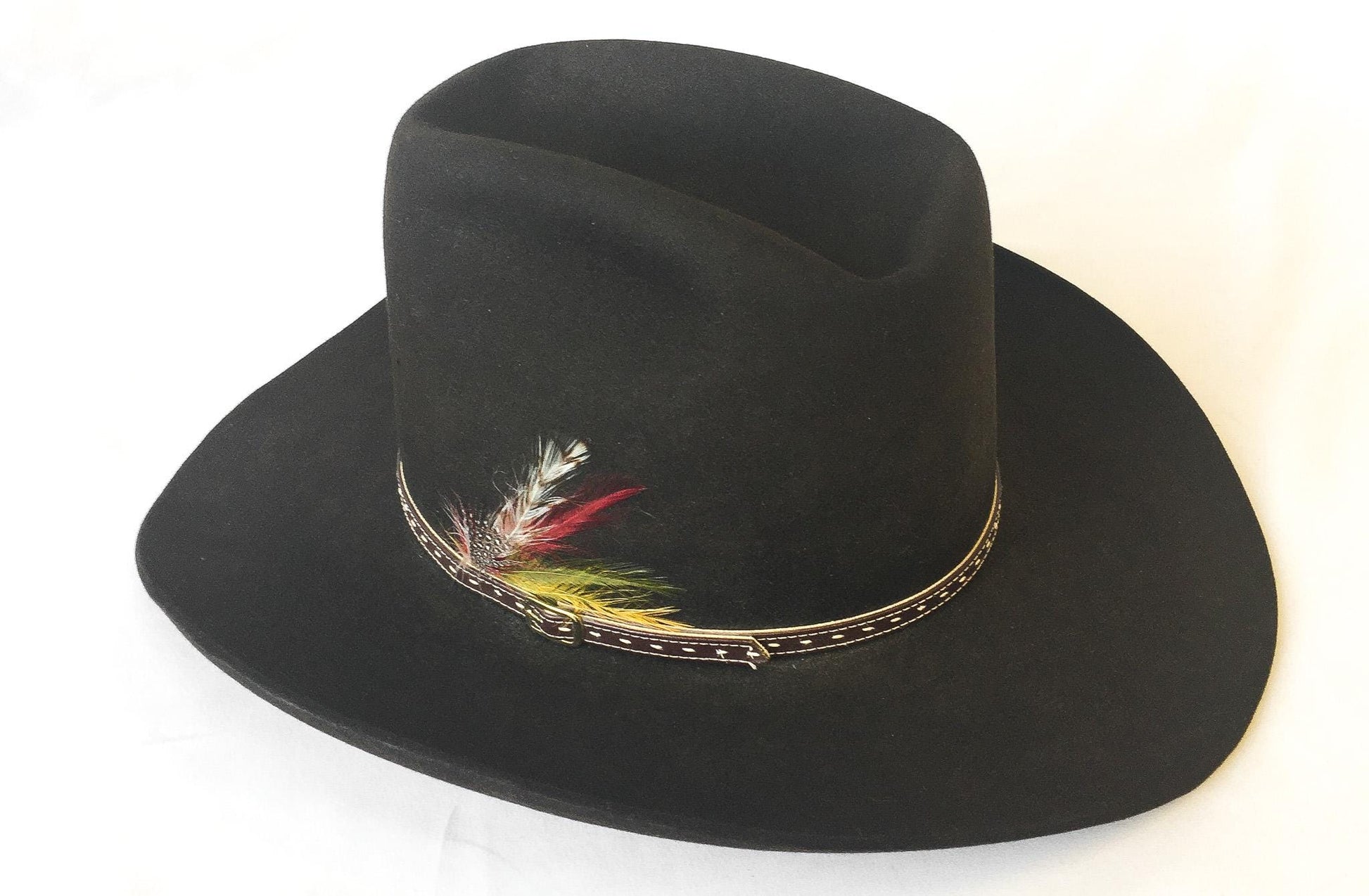 Vintage Stetson 4X Chocolate Brown Cowboy Hat with Red/Yellow/Green/White Gold Buckle Leather Band, Sz. 7 1/4, Vintage Unique Western Hat