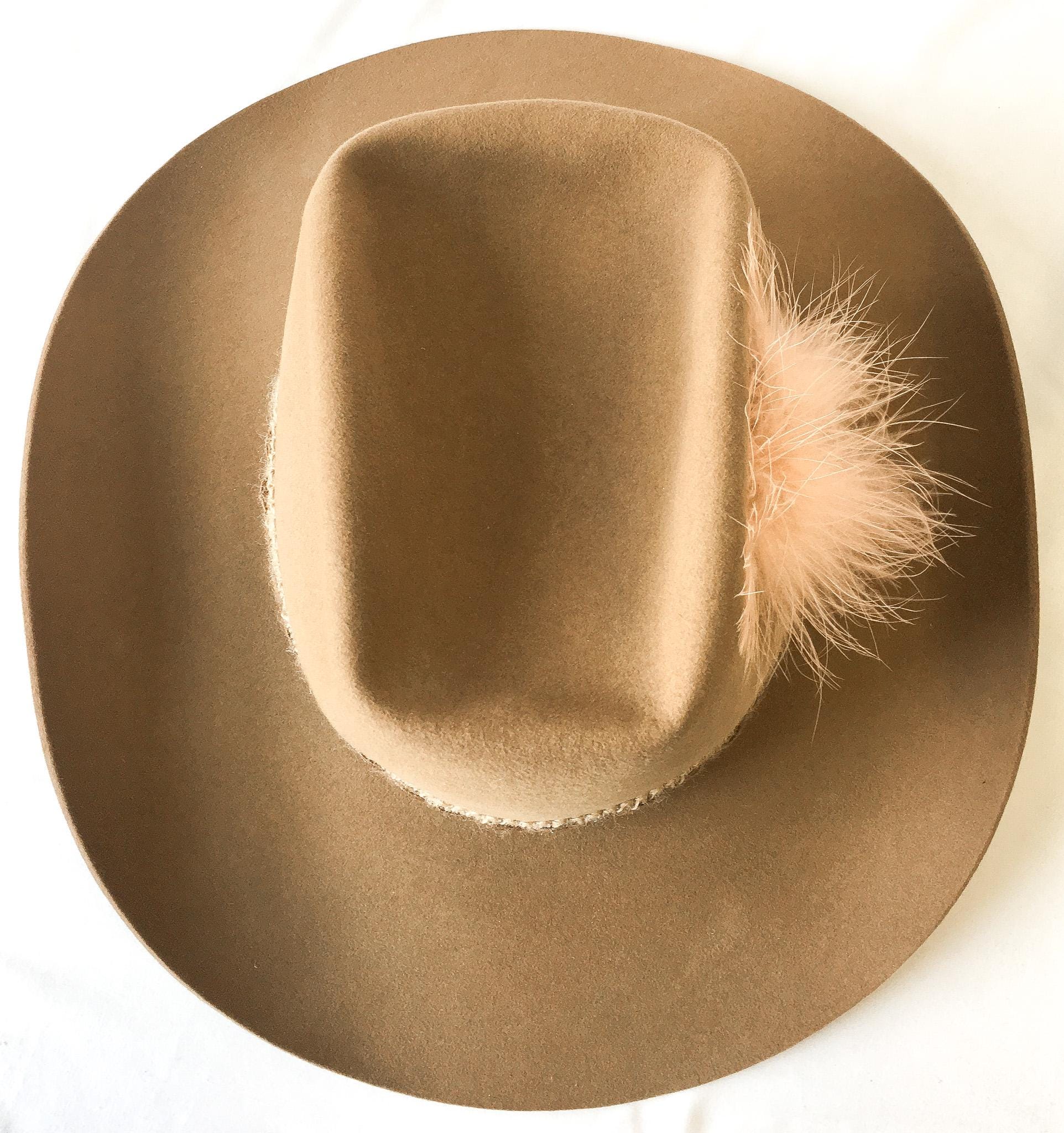 Vintage Resistol Stagecoach Tan/Brown Tall Cowboy Hat with Woven and Light Pink Feather Band, Sz. 7 1/2, Unique Western Hat