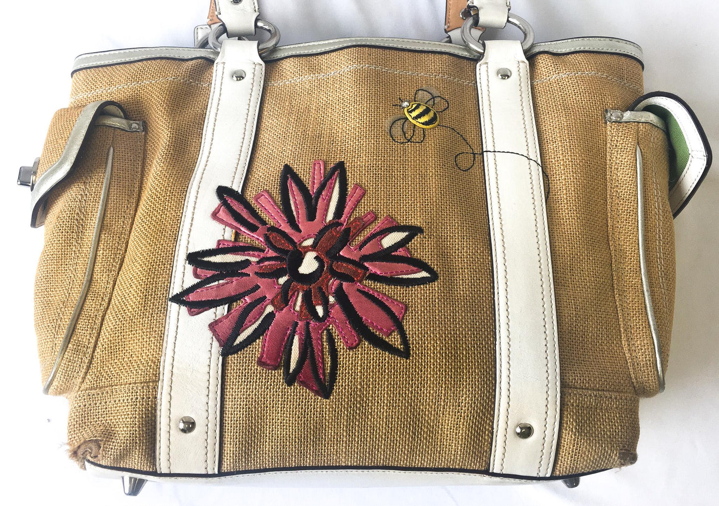 00s Coach Raffia Linen Bumblebee Floral Shoulder Tote Bag, Style #9947, Unique Y2K Coach Handbag