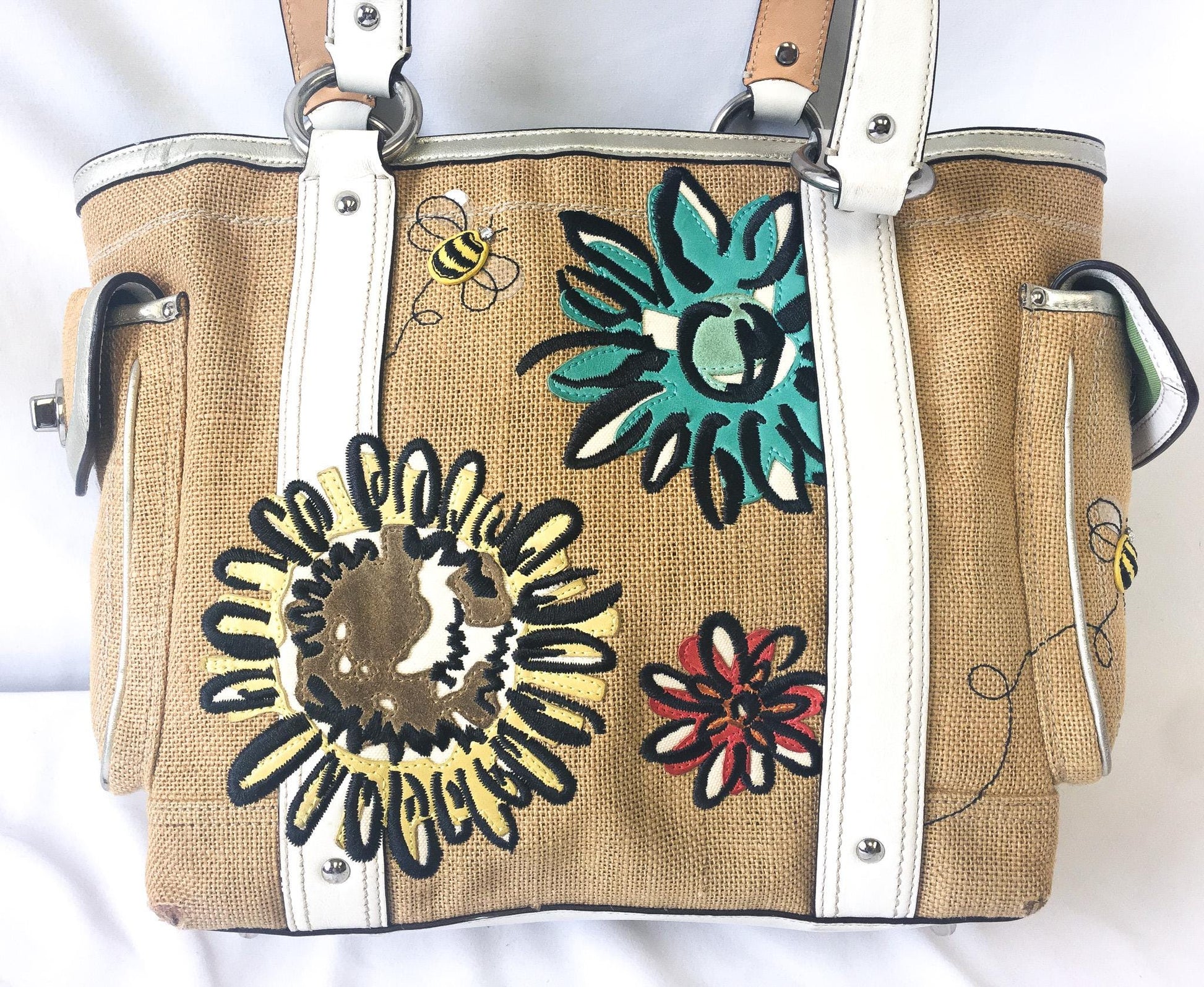 00s Coach Raffia Linen Bumblebee Floral Shoulder Tote Bag, Style #9947, Unique Y2K Coach Handbag