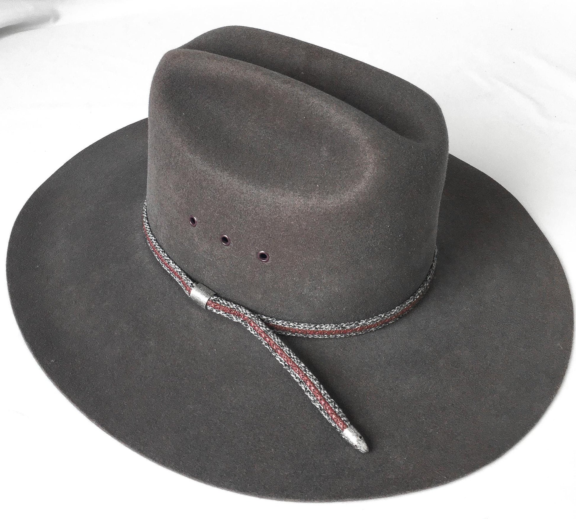 Vintage Beaver Hats Company 5X Gray Flatbrim Cowboy Hat with Woven Snake Band Detail, Sz. 7 1/8, Vintage Western Festival Hat