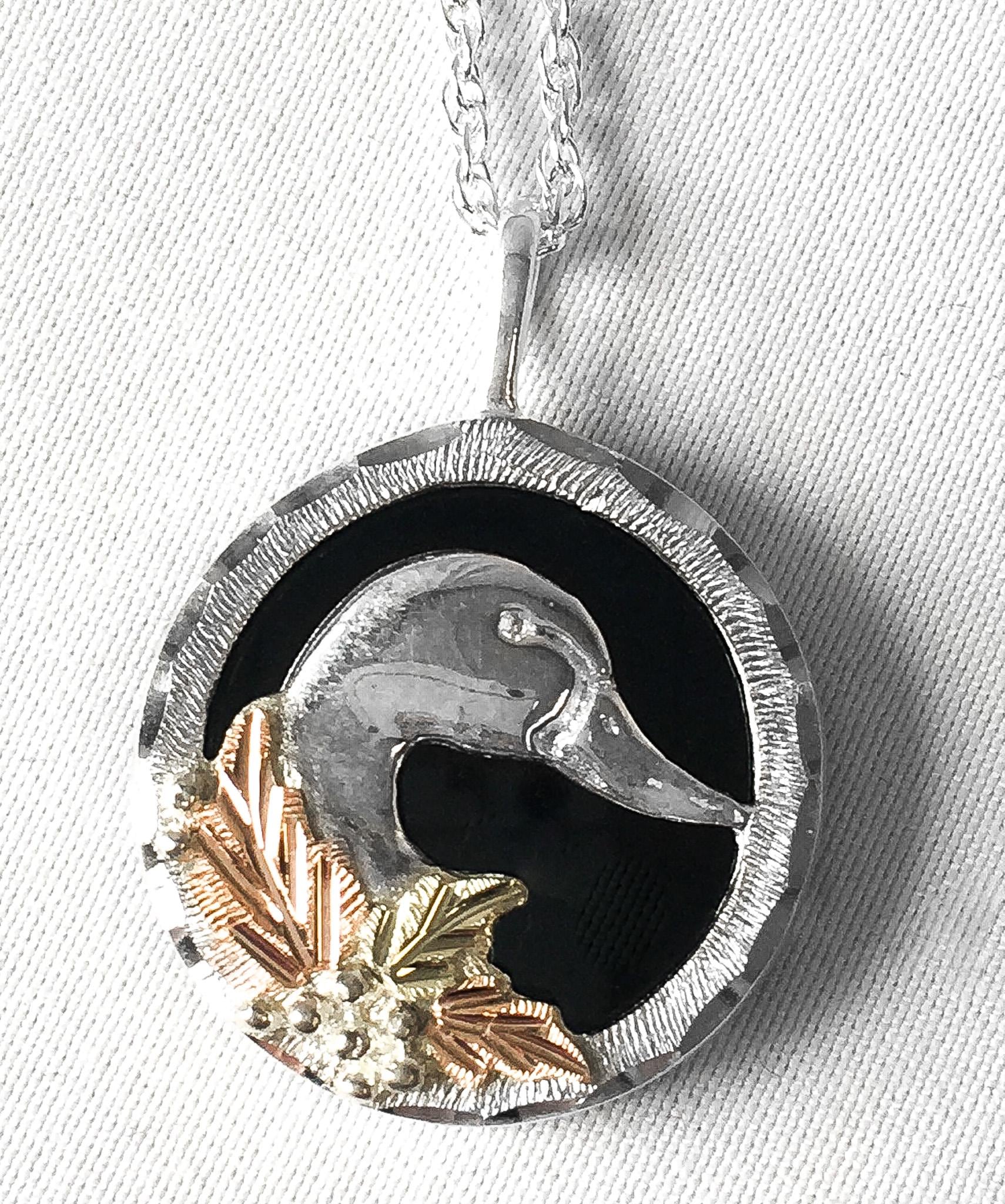 RGC Black Hills Gold 12K 925 Mallard Duck Onyx Leaf Pendant on 18" 925 Chain, Vintage Black Hills Gold Jewelry