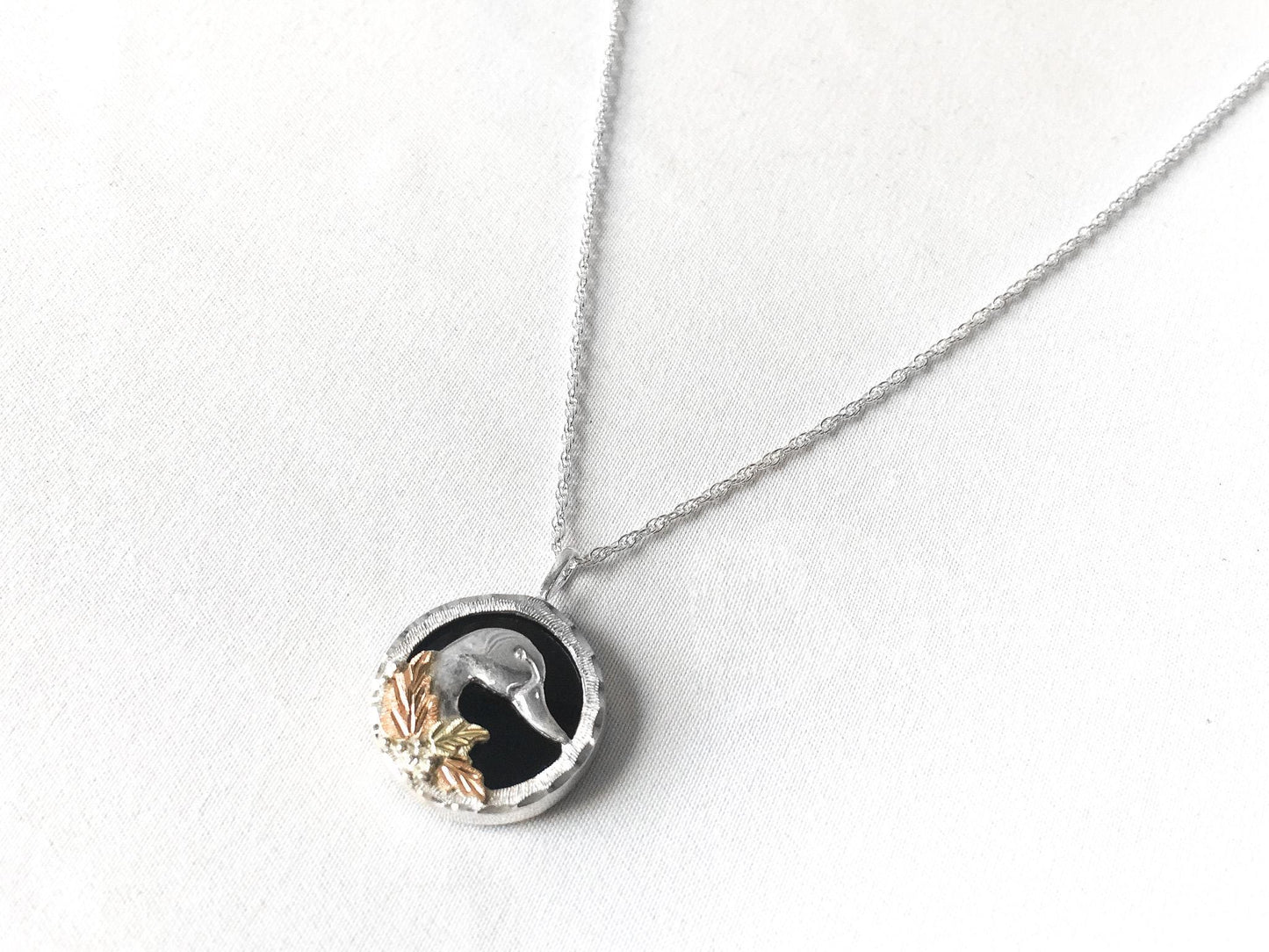 RGC Black Hills Gold 12K 925 Mallard Duck Onyx Leaf Pendant on 18" 925 Chain, Vintage Black Hills Gold Jewelry