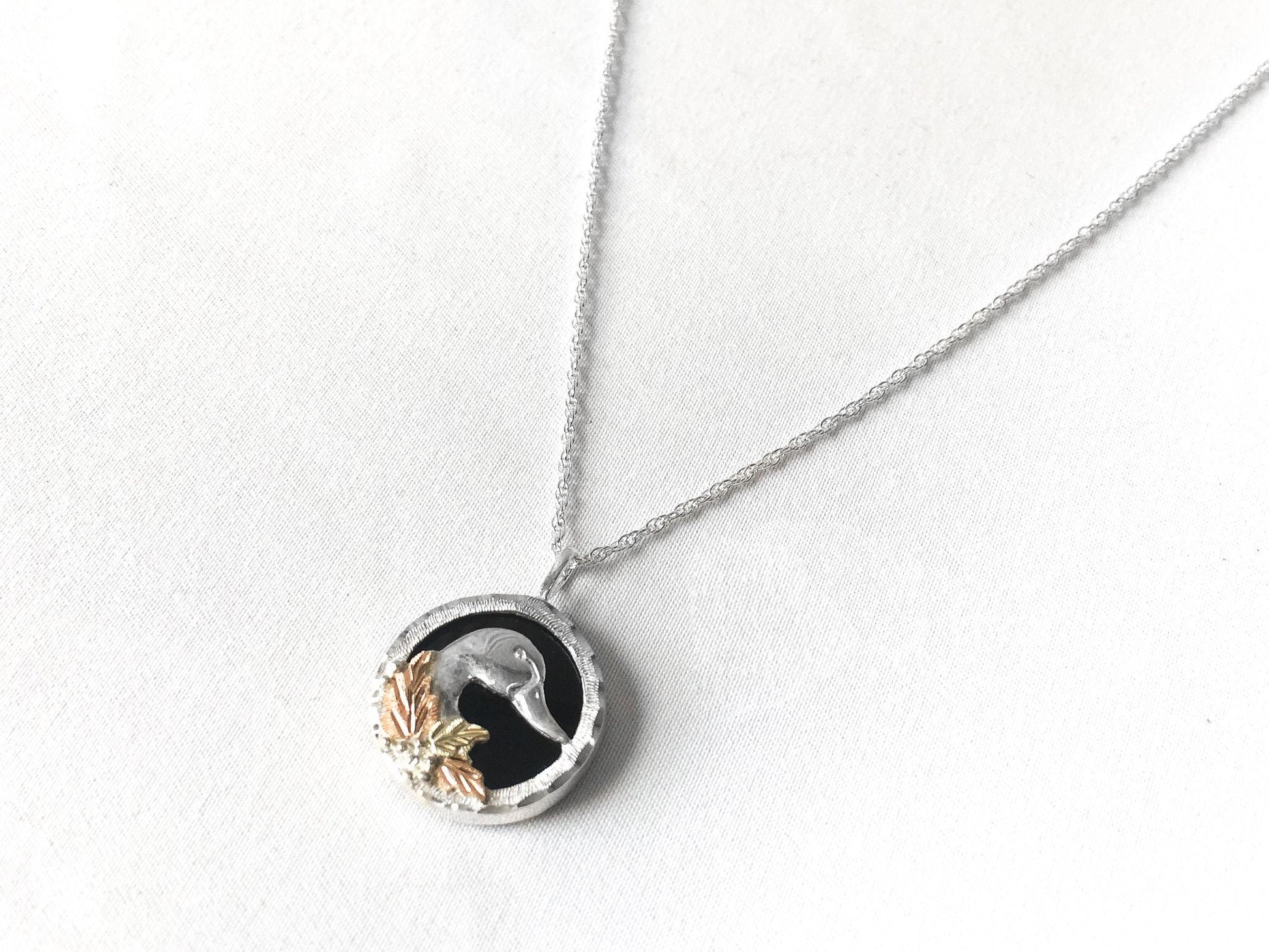 RGC Black Hills Gold 12K 925 Mallard Duck Onyx Leaf Pendant on 18" 925 Chain, Vintage Black Hills Gold Jewelry