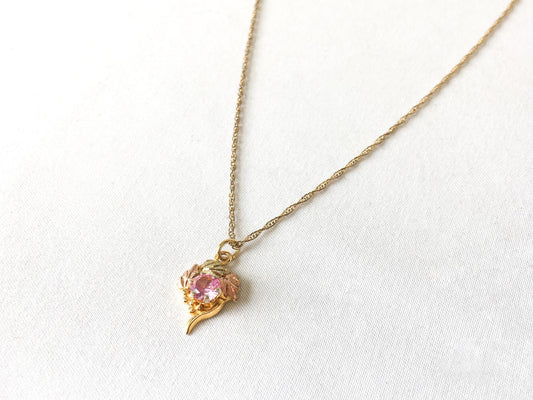 Landstrom's Black Hills Gold 10K Pink Ruby Grape Leaf Pendant on 1/20th GF 18 Inch Chain, Vintage Black Hills Gold Jewelry