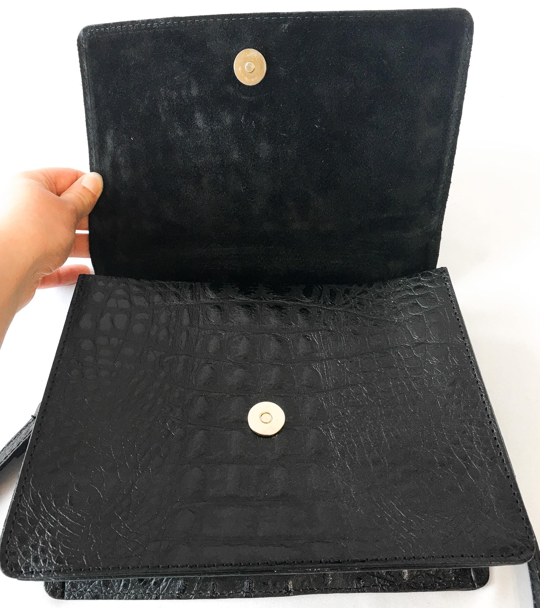 Black House of Harlow 1960 Croc Embossed Leather Gold Snake Handle Crossbody, Unique Statement Handbag