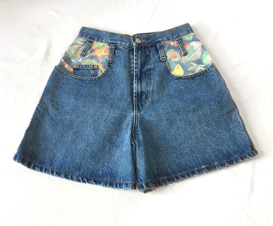80s Steel Seashell Print Medium Wash High Rise Shorts, 25" Waist, Unique Nautical Jorts