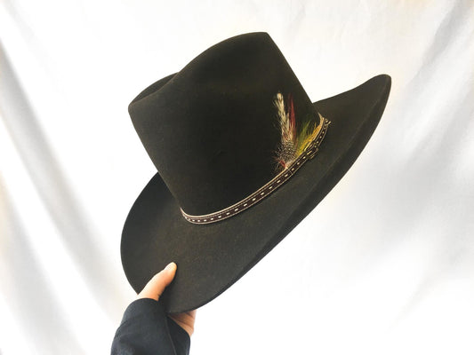 Vintage Stetson 4X Chocolate Brown Cowboy Hat with Red/Yellow/Green/White Gold Buckle Leather Band, Sz. 7 1/4, Vintage Unique Western Hat