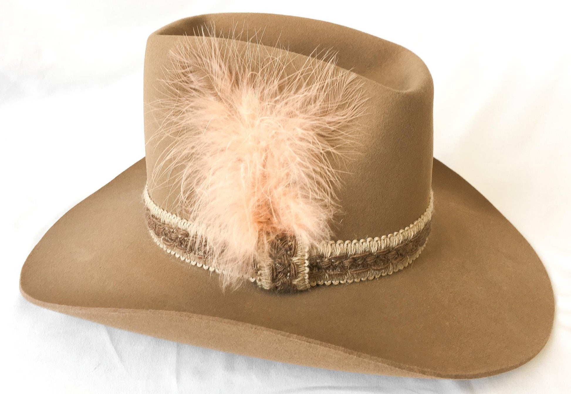 Vintage Resistol Stagecoach Tan/Brown Tall Cowboy Hat with Woven and Light Pink Feather Band, Sz. 7 1/2, Unique Western Hat