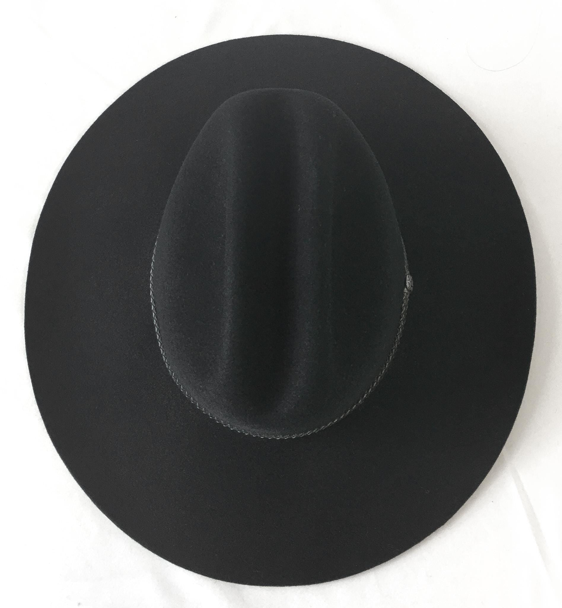 Vintage Inspired Stetson Black Felt Flatbrim Cowboy Hat with Woven Leather Band Detail, Sz. 6 3/4, Vintage Western Hat