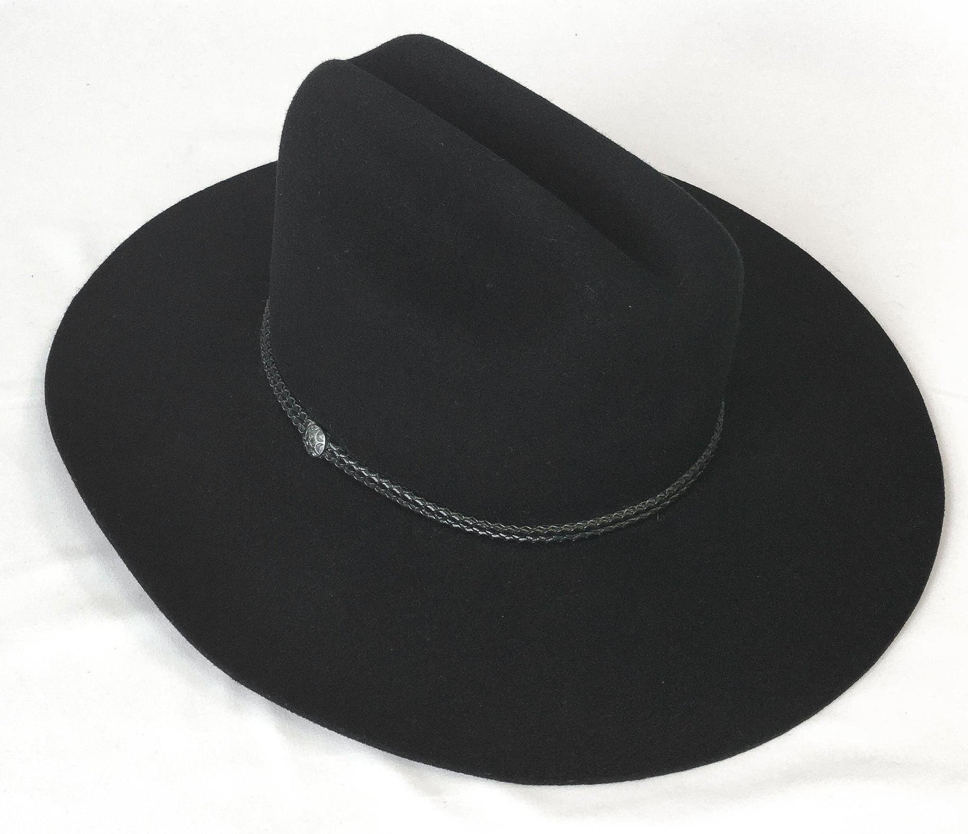 Vintage Inspired Stetson Black Felt Flatbrim Cowboy Hat with Woven Leather Band Detail, Sz. 6 3/4, Vintage Western Hat