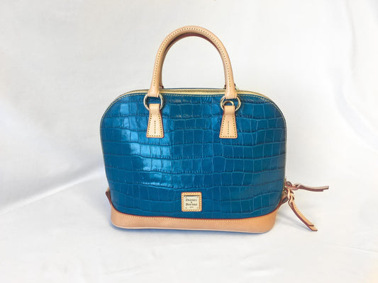 Vintage Dooney and Bourke Marine Blue Croc Zip Leather Satchel Top Handle Bag, Unique Vintage Dooney Handbag