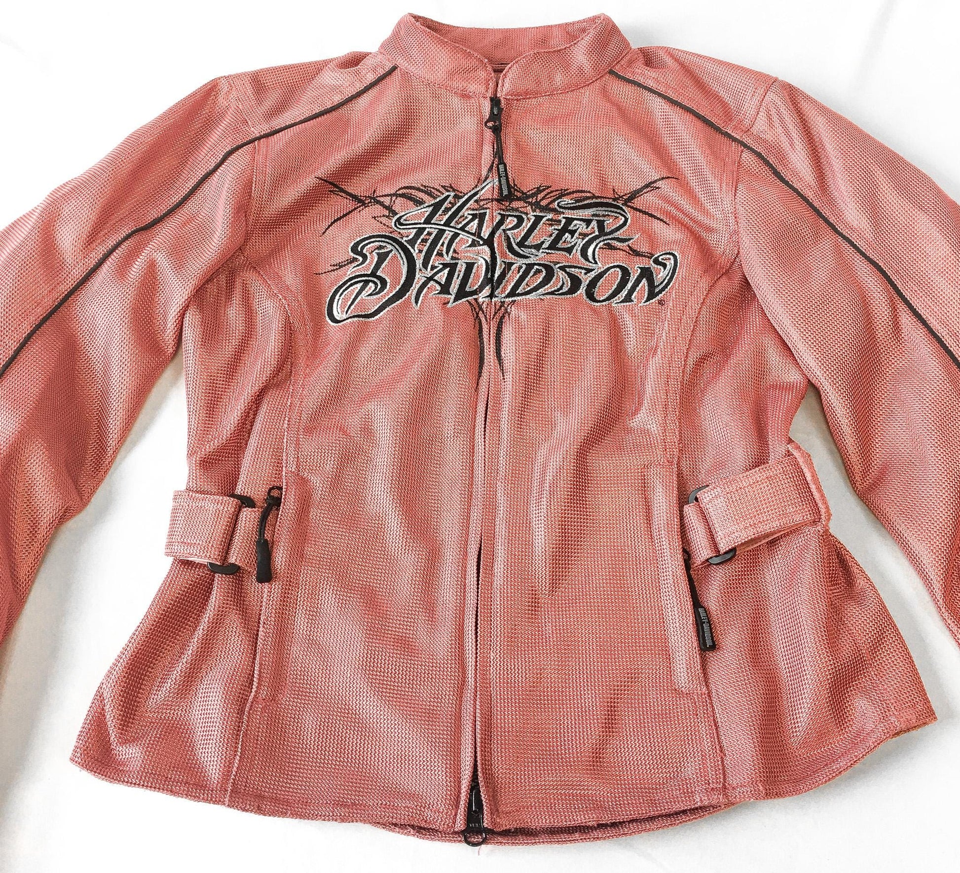 00s Harley Davidson Pink/Red Mesh Embroidered Motorcycle Riding Jacket, Women's Sz. XS, Vintage Biker Moto Style Jacket