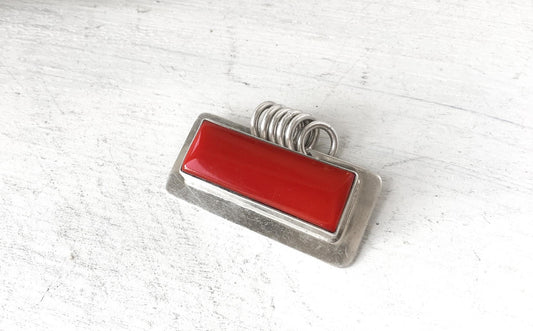 Vintage 925 Red Coral Rectangle Six Ring Pendant, 1.75", Vintage Unique Boho Western Style Pendant