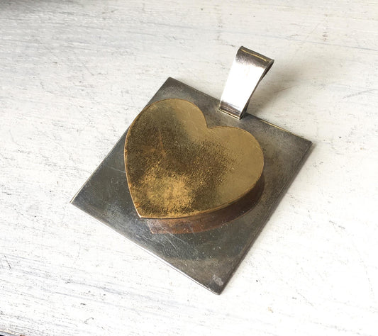 Vintage M.Kaye Two Toned Sterling Square Heart Pendant, 2" x 2", Vintage Unique Statement Boho Western Pendant