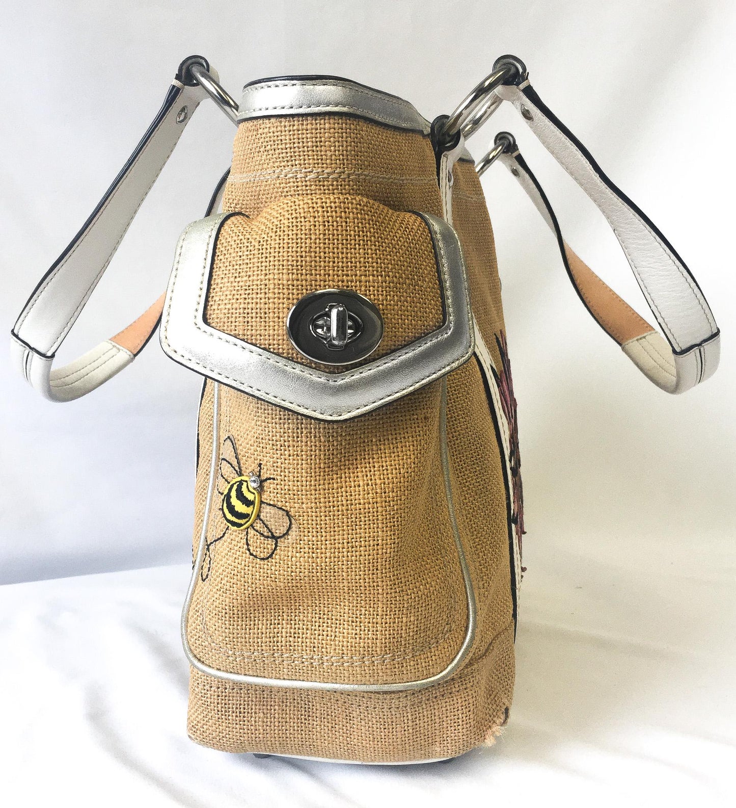 00s Coach Raffia Linen Bumblebee Floral Shoulder Tote Bag, Style #9947, Unique Y2K Coach Handbag
