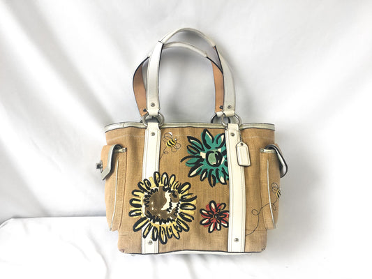 00s Coach Raffia Linen Bumblebee Floral Shoulder Tote Bag, Style #9947, Unique Y2K Coach Handbag