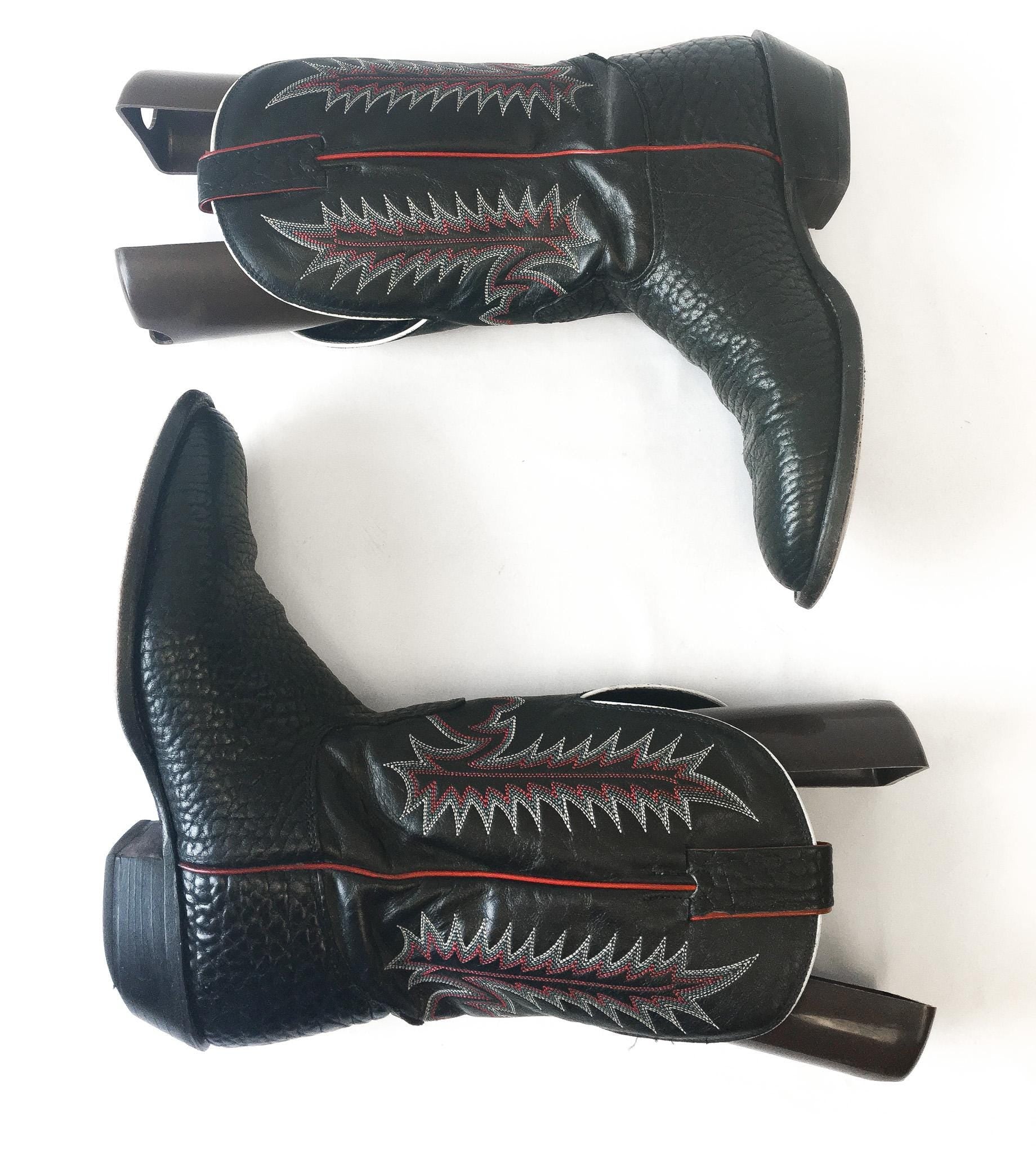 Vintage Nocona Black Bull Leather Cowboy Boots with Red Embroidery, Style #3013, Sz. 10.5D, Vintage Western Boots