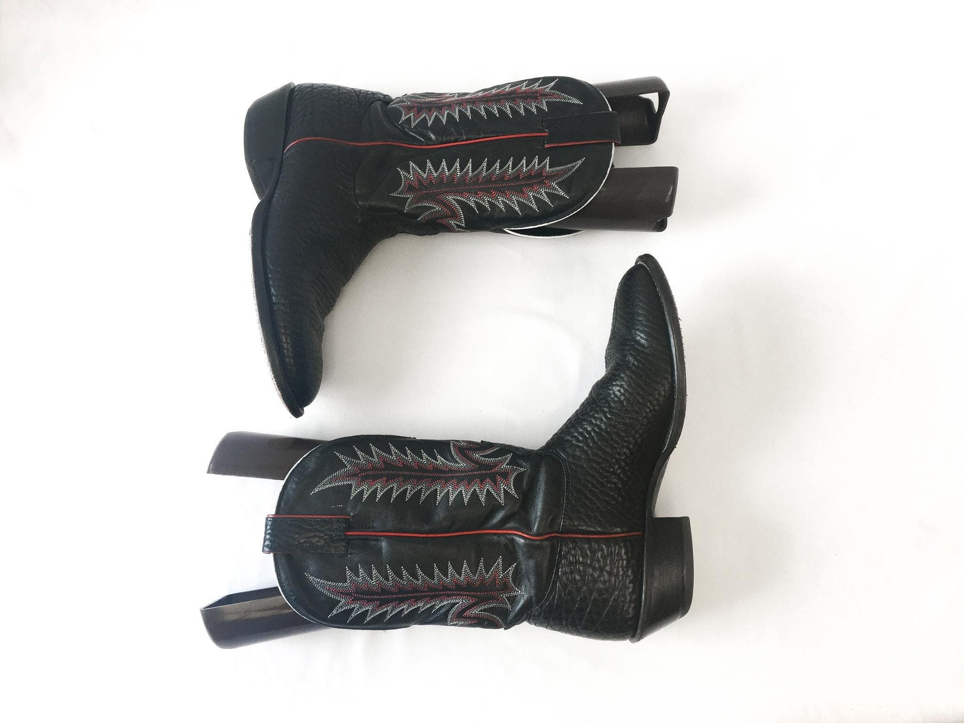 Vintage Nocona Black Bull Leather Cowboy Boots with Red Embroidery, Style #3013, Sz. 10.5D, Vintage Western Boots