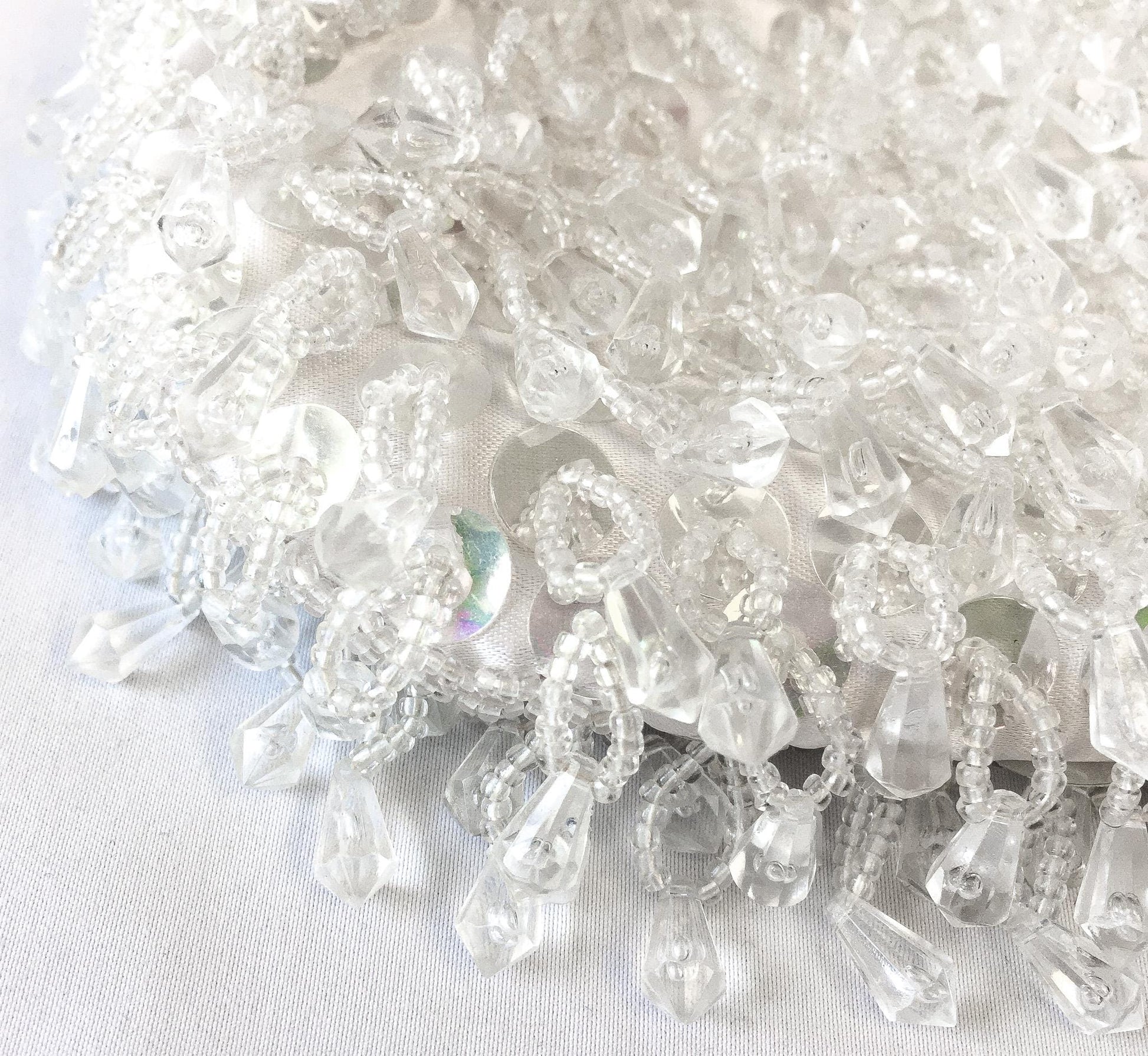 Vintage 60s White Iridescent Beaded Top Handle Clutch Evening Bag, Vintage Art Deco Cocktail Handbag