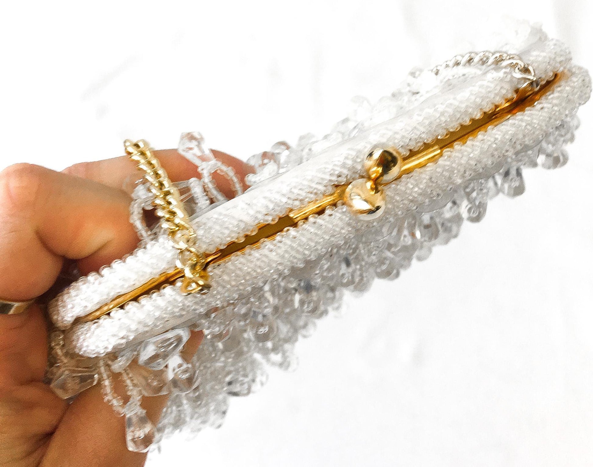 Vintage 60s White Iridescent Beaded Top Handle Clutch Evening Bag, Vintage Art Deco Cocktail Handbag