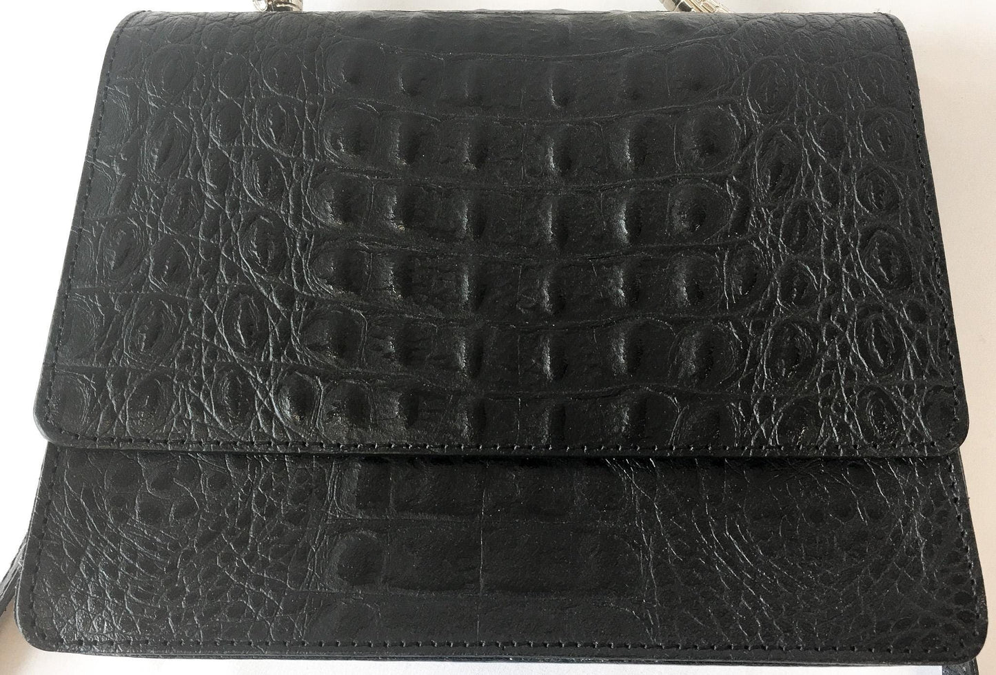 Black House of Harlow 1960 Croc Embossed Leather Gold Snake Handle Crossbody, Unique Statement Handbag